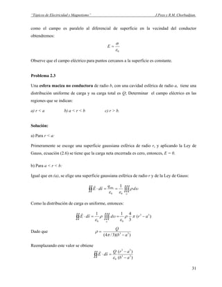 “Tópicos de Electricidad y Magnetismo” J.Pozo y R.M. Chorbadjian.
como el campo es paralelo al diferencial de superficie en la vecindad del conductor
obtendremos:
0ε
σ
=E
Observe que el campo eléctrico para puntos cercanos a la superficie es constante.
Problema 2.3
Una esfera maciza no conductora de radio b, con una cavidad esférica de radio a, tiene una
distribución uniforme de carga y su carga total es Q; Determinar el campo eléctrico en las
regiones que se indican:
a) r < a b) a < r < b c) r > b.
Solución:
a) Para r < a:
Primeramente se escoge una superficie gaussiana esférica de radio r, y aplicando la Ley de
Gauss, ecuación (2.6) se tiene que la carga neta encerrada es cero, entonces, E = 0.
b) Para a < r < b:
Igual que en (a), se elige una superficie gaussiana esférica de radio r y de la Ley de Gauss:
∫∫∫∫∫ ==⋅
υ
υρ
εε
d
q
sdE enc
00
1rr
Como la distribución de carga es uniforme, entonces:
)(
3
411 33
00
ardsdE −==⋅ ∫∫∫∫∫ πρ
ε
υρ
ε υ
rr
Dado que
))(3/4( 33
ab
Q
−
=
π
ρ
Reemplazando este valor se obtiene
)(
)(
33
33
0 ab
arQ
sdE
−
−
=⋅∫∫ ε
rr
31
 