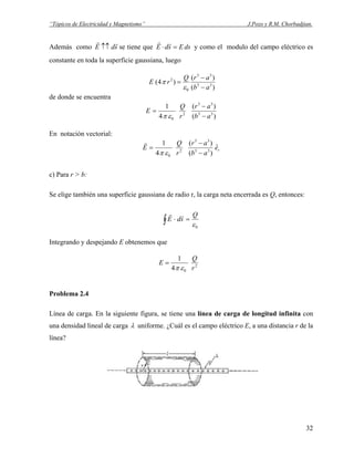 “Tópicos de Electricidad y Magnetismo” J.Pozo y R.M. Chorbadjian.
Además como se tiene quesdE
rr
↑↑ dsEsdE =⋅
rr
y como el modulo del campo eléctrico es
constante en toda la superficie gaussiana, luego
)(
)(
)4( 33
33
0
2
ab
arQ
rE
−
−
=
ε
π
de donde se encuentra
)(
)(
4
1
33
33
2
0 ab
ar
r
Q
E
−
−
=
επ
En notación vectorial:
re
ab
ar
r
Q
E ˆ
)(
)(
4
1
33
33
2
0 −
−
=
επ
r
c) Para r > b:
Se elige también una superficie gaussiana de radio r, la carga neta encerrada es Q, entonces:
0ε
Q
sdE =⋅∫
rr
Integrando y despejando E obtenemos que
2
04
1
r
Q
E
επ
=
Problema 2.4
Línea de carga. En la siguiente figura, se tiene una línea de carga de longitud infinita con
una densidad lineal de carga λ uniforme. ¿Cuál es el campo eléctrico E, a una distancia r de la
línea?
32
 
