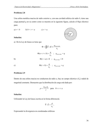 “Tópicos de Electricidad y Magnetismo” J.Pozo y R.M. Chorbadjian.
Problema 2.8
Una esfera metálica maciza de radio exterior a, con una cavidad esférica de radio b, tiene una
carga puntual q en su centro como se muestra en la siguiente figura, calcule el flujo eléctrico
para:
a) r < b b) b < r < a c) r > a.
Solución:
a) De la Ley de Gauss se tiene que
∫∫ ≡⋅=Φ
0ε
Encerradaq
sdE
rr
qq
q
bra encerrada ==<<Φ ;)(
0ε
b) 0;0)( ==<Φ encerradaqar
c) qq
q
br encerrada ==>Φ ;)(
0ε
Problema 2.9
Dentro de una esfera maciza no conductora de radio a, hay un campo eléctrico ( ) radial de
magnitud constante. Demuestre que la distribución de carga está dada por:
0E
r
E002ε
ρ = para ar <<0
Solución:
Utilizando la Ley de Gauss escrita en la forma diferencial,
0ε
ρ
=⋅∇ E
rr
,
Expresando la divergencia en coordenadas esféricas
36
 