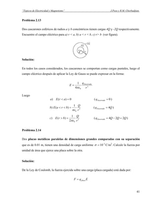 “Tópicos de Electricidad y Magnetismo” J.Pozo y R.M. Chorbadjian.
Problema 2.13
Dos cascarones esféricos de radios a y b concéntricos tienen cargas 4Q y -2Q respectivamente.
Encuentre el campo eléctrico para a) r < a, b) a < r < b, c) r> b (ver figura).
Solución:
En todos los casos considerados, los cascarones se comportan como cargas puntales, luego el
campo eléctrico después de aplicar la Ley de Gauss se puede expresar en la forma:
2
04
1
r
q
E Encerrada
πε
=
Luego
0)() =< arEa ( 0=Encerradaq )
2
0
1
)()
r
Q
braEb
πε
=<< ( QqEncerrada 4= )
2
02
1
)()
r
Q
brEc
πε
=> ( QQQqEncerrada 224 =−= )
Problema 2.14
Dos placas metálicas paralelas de dimensiones grandes comparadas con su separación
que es de 0.01 m, tienen una densidad de carga uniforme C/m5
10−
=σ 2
. Calcule la fuerza por
unidad de área que ejerce una placa sobre la otra.
Solución:
De la Ley de Coulomb, la fuerza ejercida sobre una carga (placa cargada) está dada por:
EqF placa=
41
 