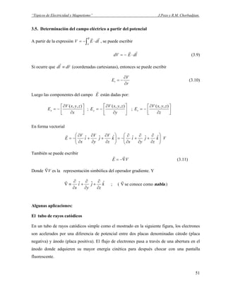 “Tópicos de Electricidad y Magnetismo” J.Pozo y R.M. Chorbadjian.
3.5. Determinación del campo eléctrico a partir del potencial
A partir de la expresión ∫ ⋅−=
B
A
ldEV
rr
, se puede escribir
ldEdV
rr
⋅−= (3.9)
Si ocurre que (coordenadas cartesianas), entonces se puede escribirrdld
rr
≡
r
V
Er
∂
∂
−= (3.10)
Luego las componentes del campo E
r
están dadas por:
⎥
⎦
⎤
⎢
⎣
⎡
∂
∂
−=
x
zyxV
Ex
),,(
; ⎥
⎦
⎤
⎢
⎣
⎡
∂
∂
−=
y
zyxV
Ey
),,(
; ⎥
⎦
⎤
⎢
⎣
⎡
∂
∂
−=
z
zyxV
Ez
),,(
En forma vectorial
Vk
z
j
y
i
x
k
z
V
j
y
V
i
x
V
E ⎟⎟
⎠
⎞
⎜⎜
⎝
⎛
∂
∂
+
∂
∂
+
∂
∂
−=⎟⎟
⎠
⎞
⎜⎜
⎝
⎛
∂
∂
+
∂
∂
+
∂
∂
−= ˆˆˆˆˆˆ
r
También se puede escribir
VE ∇−=
rr
(3.11)
Donde es la representación simbólica del operador gradiente. YV∇
r
k
z
j
y
i
x
ˆˆˆ
∂
∂
+
∂
∂
+
∂
∂
≡∇
r
; ( ∇
r
se conoce como nabla.)
Algunas aplicaciones:
El tubo de rayos catódicos
En un tubo de rayos catódicos simple como el mostrado en la siguiente figura, los electrones
son acelerados por una diferencia de potencial entre dos placas denominadas cátodo (placa
negativa) y ánodo (placa positiva). El flujo de electrones pasa a través de una abertura en el
ánodo donde adquieren su mayor energía cinética para después chocar con una pantalla
fluorescente.
51
 