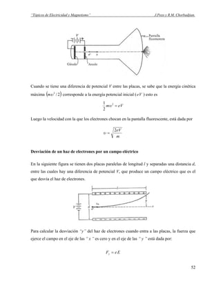 “Tópicos de Electricidad y Magnetismo” J.Pozo y R.M. Chorbadjian.
Cuando se tiene una diferencia de potencial V entre las placas, se sabe que la energía cinética
máxima ( )2/2
υm corresponde a la energía potencial inicial ( ) esto esVe
Vem =2
2
1
υ
Luego la velocidad con la que los electrones chocan en la pantalla fluorescente, está dada por
m
eV2
=υ
Desviación de un haz de electrones por un campo eléctrico
En la siguiente figura se tienen dos placas paralelas de longitud l y separadas una distancia d,
entre las cuales hay una diferencia de potencial V, que produce un campo eléctrico que es el
que desvía el haz de electrones.
Para calcular la desviación “y” del haz de electrones cuando entra a las placas, la fuerza que
ejerce el campo en el eje de las “ x ” es cero y en el eje de las “ y ” está dada por:
EeFy =
52
 