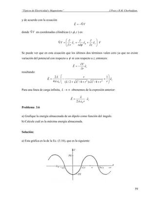 “Tópicos de Electricidad y Magnetismo” J.Pozo y R.M. Chorbadjian.
y de acuerdo con la ecuación
VE ∇−=
rr
donde en coordenadas cilíndricas (V∇
r
zr ,,φ ) es:
Ve
z
e
rd
e
r
V zr ⎟⎟
⎠
⎞
⎜⎜
⎝
⎛
∂
∂
+
∂
+
∂
∂
=∇ ˆˆˆ φ
φ
r
Se puede ver que en esta ecuación que los últimos dos términos valen cero ya que no existe
variación del potencial con respecto a φ ni con respecto a z; entonces:
re
r
V
E ˆ
∂
∂
−=
r
resultando:
re
rrLrLL
r
E ˆ
1
4/)4/2/(4
2
2222
0
⎟
⎟
⎠
⎞
⎜
⎜
⎝
⎛
+
+++
−=
επ
λr
Para una línea de carga infinita, ∞→L obtenemos de la expresión anterior:
re
r
E ˆ
2 0επ
λ
=
r
Problema 3.6
a) Grafique la energía almacenada de un dipolo como función del ángulo.
b) Calcule cuál es la máxima energía almacenada.
Solución:
a) Esta gráfica es la de la Ec. (3.16), que es la siguiente:
59
 