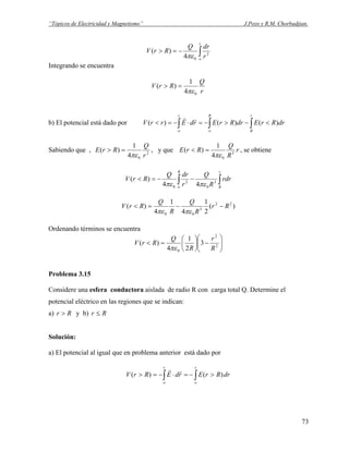 “Tópicos de Electricidad y Magnetismo” J.Pozo y R.M. Chorbadjian.
∫∞
−=>
r
r
drQ
RrV 2
04
)(
πε
Integrando se encuentra
r
Q
RrV
04
1
)(
πε
=>
b) El potencial está dado por ∫∫∫ <−>−=⋅−=<
∞∞
r
R
Rr
drRrEdrRrErdErrV )()()(
rr
Sabiendo que , 2
04
1
)(
r
Q
RrE
πε
=> , y que r
R
Q
RrE 3
04
1
)(
πε
=< , se obtiene
∫∫ −−=<
∞
r
R
R
rdr
R
Q
r
drQ
RrV 3
0
2
0 44
)(
πεπε
)(
2
1
4
1
4
)( 22
3
00
Rr
R
Q
R
Q
RrV −−=<
πεπε
Ordenando términos se encuentra
⎟⎟
⎠
⎞
⎜⎜
⎝
⎛
−⎟
⎠
⎞
⎜
⎝
⎛
=< 2
2
0
3
2
1
4
)(
R
r
R
Q
RrV
πε
Problema 3.15
Considere una esfera conductora aislada de radio R con carga total Q. Determine el
potencial eléctrico en las regiones que se indican:
a) Rr > y b) Rr ≤
Solución:
a) El potencial al igual que en problema anterior está dado por
∫∫ ∞∞
>−=⋅−=>
rr
drRrErdERrV )()(
rr
73
 
