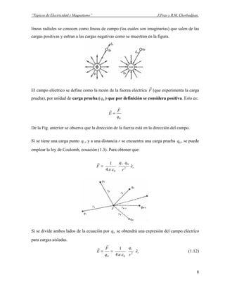 “Tópicos de Electricidad y Magnetismo” J.Pozo y R.M. Chorbadjian.
líneas radiales se conocen como líneas de campo (las cuales son imaginarias) que salen de las
cargas positivas y entran a las cargas negativas como se muestran en la figura.
El campo eléctrico se define como la razón de la fuerza eléctrica F
r
(que experimenta la carga
prueba), por unidad de carga prueba ( q ) que por definición se considera positiva. Esto es:0
0q
F
E
r
r
=
De la Fig. anterior se observa que la dirección de la fuerza está en la dirección del campo.
Si se tiene una carga punto , y a una distancia r se encuentra una carga prueba , se puede
emplear la ley de Coulomb, ecuación (1.3). Para obtener que:
1q 0q
re
r
qq
F ˆ
4
1
2
01
0επ
=
r
Si se divide ambos lados de la ecuación por se obtendrá una expresión del campo eléctrico
para cargas aisladas.
0q
re
r
q
q
F
E ˆ
4
1
2
1
00 επ
==
r
r
(1.12)
8
 