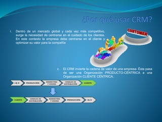 1. Dentro de un mercado global y cada vez más competitivo, 
surge la necesidad de centrarse en el cuidado de los clientes. 
En este contexto la empresa debe centrarse en el cliente y 
optimizar su valor para la compañía 
2. El CRM invierte la cadena de valor de una empresa- Ésta pasa 
de ser una Organización PRODUCTO-CÉNTRICA a una 
Organización CLIENTE CÉNTRICA. 
 