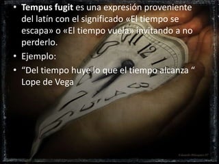 Tempus fugit es una expresión proveniente del latín con el significado «El tiempo se escapa» o «El tiempo vuela» invitando a no perderlo.Ejemplo:“Del tiempo huye lo que el tiempo alcanza “ Lope de Vega 