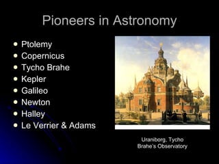 Pioneers in Astronomy ,[object Object],[object Object],[object Object],[object Object],[object Object],[object Object],[object Object],[object Object],Uraniborg, Tycho Brahe’s Observatory 