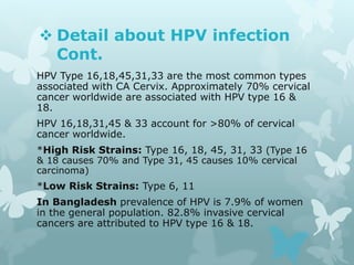  Detail about HPV infection
Cont.
HPV Type 16,18,45,31,33 are the most common types
associated with CA Cervix. Approximately 70% cervical
cancer worldwide are associated with HPV type 16 &
18.
HPV 16,18,31,45 & 33 account for >80% of cervical
cancer worldwide.
*High Risk Strains: Type 16, 18, 45, 31, 33 (Type 16
& 18 causes 70% and Type 31, 45 causes 10% cervical
carcinoma)
*Low Risk Strains: Type 6, 11
In Bangladesh prevalence of HPV is 7.9% of women
in the general population. 82.8% invasive cervical
cancers are attributed to HPV type 16 & 18.
 