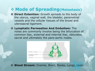  Mode of Spreading(Metastasis)
 Direct Extention: Growth spreads to the body of
the uterus, vaginal wall, the bladder, parametrial
vessels and the cellular tissues of the broad and
uterosacral ligament.
 Lymphatic Permeation And Embolism: The
notes are commonly involve being the bifurcation of
common iliac, external and internal iliac, obturator,
sacral and ultimately the para-aortic nodes.
 Blood Stream: Ovaries, Brain, Bones, Lungs, Liver.
 