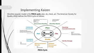Implementing Kaizen
PDCA Cycle
Another popular model is the PDCA cycle: plan, do, check, act. The American Society for
Quality (ASQ) defines the PDCA cycle as follows:
8
 