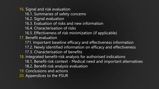 16. Signal and risk evaluation
16.1. Summaries of safety concems
16.2. Signal evaluation
16.3. Evaluation of risks and new information
16.4. Characterisation of risks
16.5. Effectiveness of risk minimization (if applicable)
17. Benefit evaluation
171. Important baseline efficacy and effectiveness information
17.2. Newly identified information on efficacy and effectiveness
17.3. Characterisation of benefits
18. Integrated benefit-risk analysis for authorised indications
18.1. Benefit-risk context - Medical need and important alternatives
18.2. Benefit-risk analysis evaluation
19. Conclusions and actions
20. Appendices to the PSUR
 