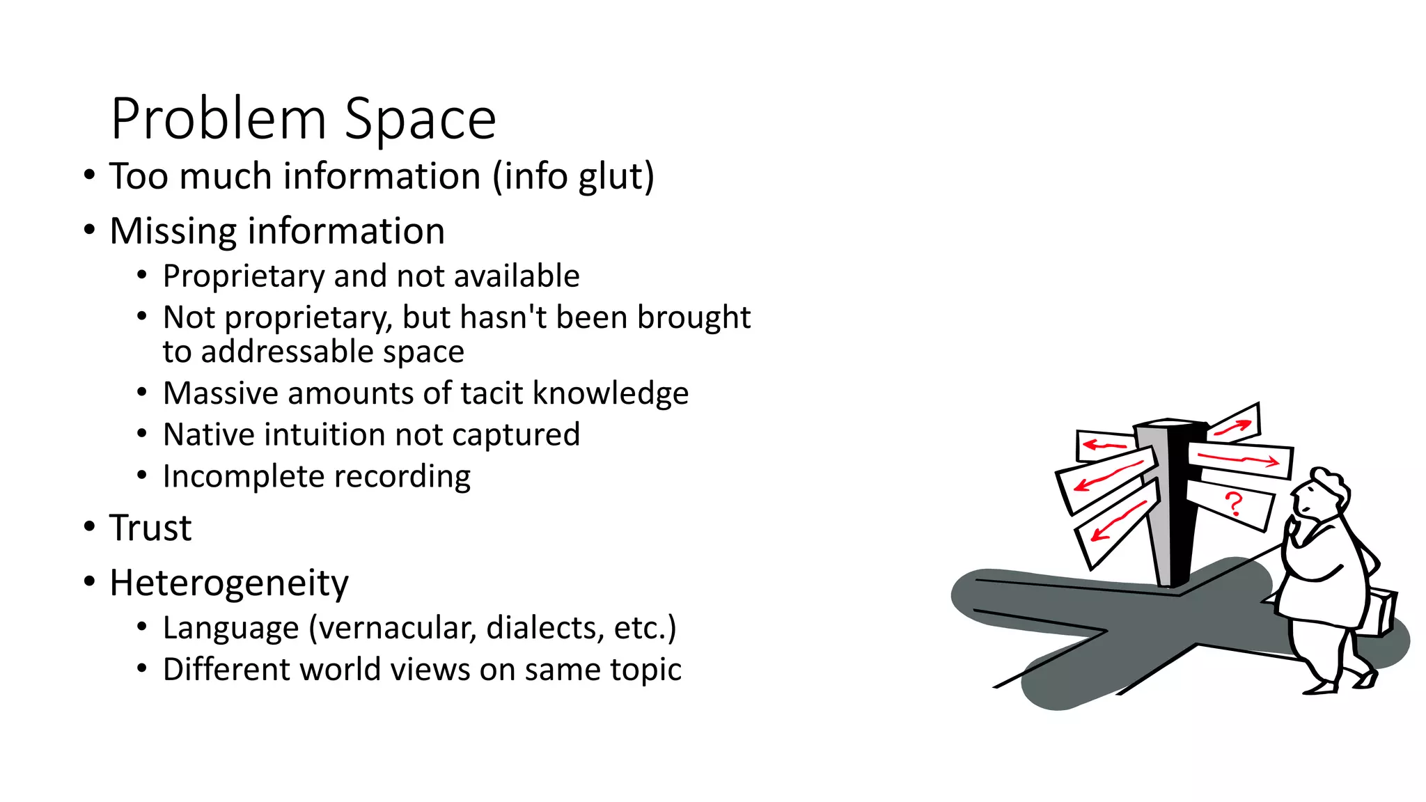 Problem Space
• Too much information (info glut)
• Missing information
• Proprietary and not available
• Not proprietary, but hasn't been brought
to addressable space
• Massive amounts of tacit knowledge
• Native intuition not captured
• Incomplete recording
• Trust
• Heterogeneity
• Language (vernacular, dialects, etc.)
• Different world views on same topic
 