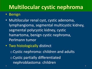 • Benign
• Multilocular renal cyst, cystic adenoma,
lymphangioma, segmental multicystic kidney,
segmental polycystic kidney, cystic
hamartoma, benign cystic nephroma,
Perlmann tumor
• Two histologically distinct
oCystic nephroma: children and adults
oCystic partially differentiated
nephroblastoma: children
Multilocular cystic nephroma
 