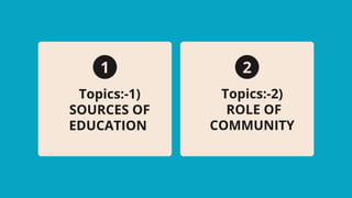 Topics:-2)
ROLE OF
COMMUNITY
Topics:-1)
SOURCES OF
EDUCATION
1 2
 