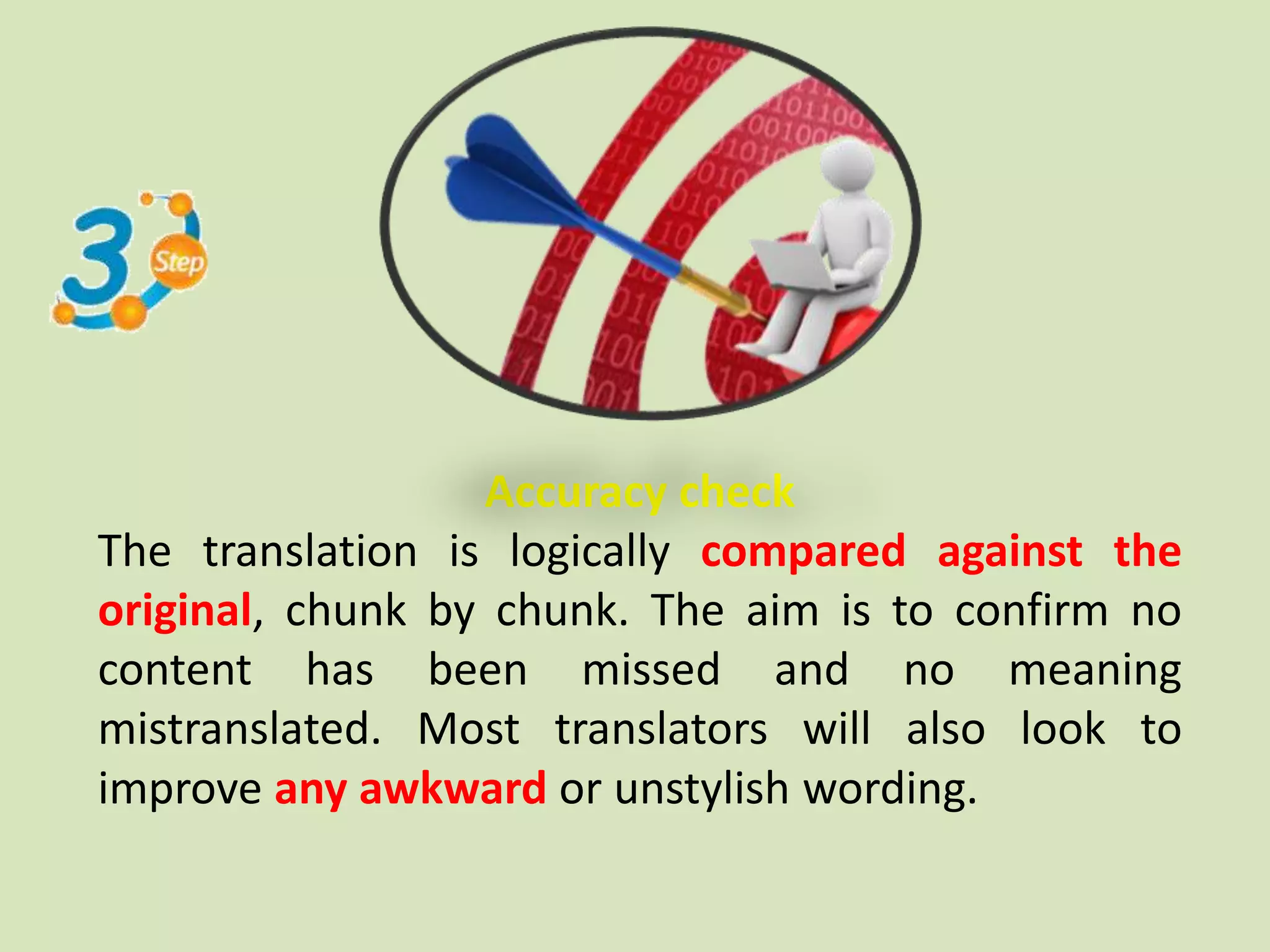 Accuracy check
The translation is logically compared against the
original, chunk by chunk. The aim is to confirm no
content has been missed and no meaning
mistranslated. Most translators will also look to
improve any awkward or unstylish wording.
 