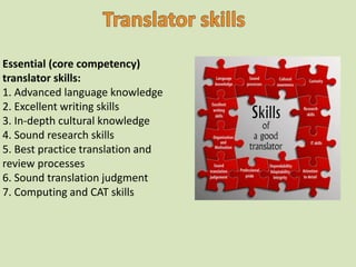 Essential (core competency)
translator skills:
1. Advanced language knowledge
2. Excellent writing skills
3. In-depth cultural knowledge
4. Sound research skills
5. Best practice translation and
review processes
6. Sound translation judgment
7. Computing and CAT skills
 