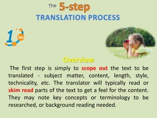 Overview
The first step is simply to scope out the text to be
translated - subject matter, content, length, style,
technicality, etc. The translator will typically read or
skim read parts of the text to get a feel for the content.
They may note key concepts or terminology to be
researched, or background reading needed.
 