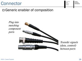 Connector
   Generic               enabler of composition


             Plug into
             matching
             component
             ports


                                                   Transfer signals
                                                   (data, control)
                                                   between ports


©2010 - Cesare Pautasso                                               26
 