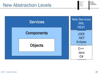 New Abstraction Levels

                                       Web Services
                           Services       XML
                                          REST
                          Components      J2EE
                                          .NET
                                         Eclipse
                            Objects
                                          C++
                                          Java
                                           C#



©2010 - Cesare Pautasso                               27
 