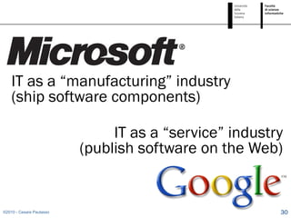 IT as a “manufacturing” industry
    (ship software components)

                               IT as a “service” industry
                          (publish software on the Web)


©2010 - Cesare Pautasso                                 30
 