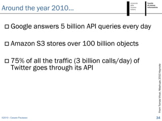 Around the year 2010…

   Google                answers 5 billion API queries every day

   Amazon                 S3 stores over 100 billion objects

   75%      of all the traffic (3 billion calls/day) of
        Twitter goes through its API




                                                                    From Tomas Vitvar, Mashups 2010 Keynote
©2010 - Cesare Pautasso                                             34
 