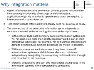 Why integration matters
        Useful information systems evolve over time by growing in size and by
         incorporating functionality of existing standalone systems.
         Applications originally intended to operate separately, are required to
         interoperate with others later on.
        Technology change affects all layers, legacy does not go away so easily.
        The architecture of the enterprise information system depends on
         constraints related to the technology but also to the organization.
            In the case of B2B, each company owns its information system and
             will not open it up more than strictly necessary as it is part of their
             competitive advantage. For example, not all business processes are
             going to be shared, as business processes are mostly kept secret.
            Within an enterprise, each department may have its own IT
             infrastructure, systems and databases which are maintained
             independently. Integrating them may bring additional value through
             cost reduction to the company.
            Mergers, acquisitions and spin-offs leave a long lasting trace in the
             information systems of the corresponding companies
©2010 - Cesare Pautasso                                                                37
 