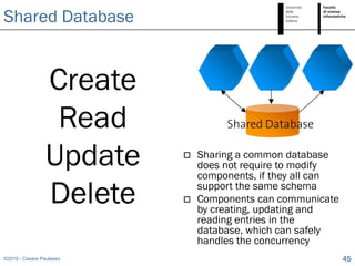 Shared Database


                 Create
                  Read             Shared Database


                 Update      Sharing a common database
                              does not require to modify
                              components, if they all can

                 Delete   
                              support the same schema
                              Components can communicate
                              by creating, updating and
                              reading entries in the
                              database, which can safely
                              handles the concurrency
©2010 - Cesare Pautasso                                     45
 