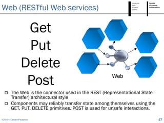 Web (RESTful Web services)

                 Get
                 Put
                Delete
                 Post                                 Web

       The Web is the connector used in the REST (Representational State
        Transfer) architectural style
       Components may reliably transfer state among themselves using the
        GET, PUT, DELETE primitives. POST is used for unsafe interactions.

©2010 - Cesare Pautasso                                                      47
 