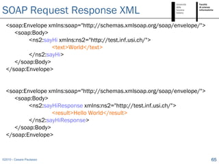 SOAP Request Response XML
  <soap:Envelope xmlns:soap="http://schemas.xmlsoap.org/soap/envelope/">
     <soap:Body>
          <ns2:sayHi xmlns:ns2="http://test.inf.usi.ch/">
                  <text>World</text>
          </ns2:sayHi>
     </soap:Body>
  </soap:Envelope>


  <soap:Envelope xmlns:soap="http://schemas.xmlsoap.org/soap/envelope/">
     <soap:Body>
          <ns2:sayHiResponse xmlns:ns2="http://test.inf.usi.ch/">
                  <result>Hello World</result>
          </ns2:sayHiResponse>
     </soap:Body>
  </soap:Envelope>


©2010 - Cesare Pautasso                                                    65
 