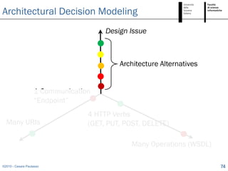Architectural Decision Modeling
                                      Design Issue



                                          Architecture Alternatives


                   1 Communication
                   “Endpoint”
                                 4 HTTP Verbs
  Many URIs                      (GET, PUT, POST, DELETE)

                                             Many Operations (WSDL)

©2010 - Cesare Pautasso                                               74
 