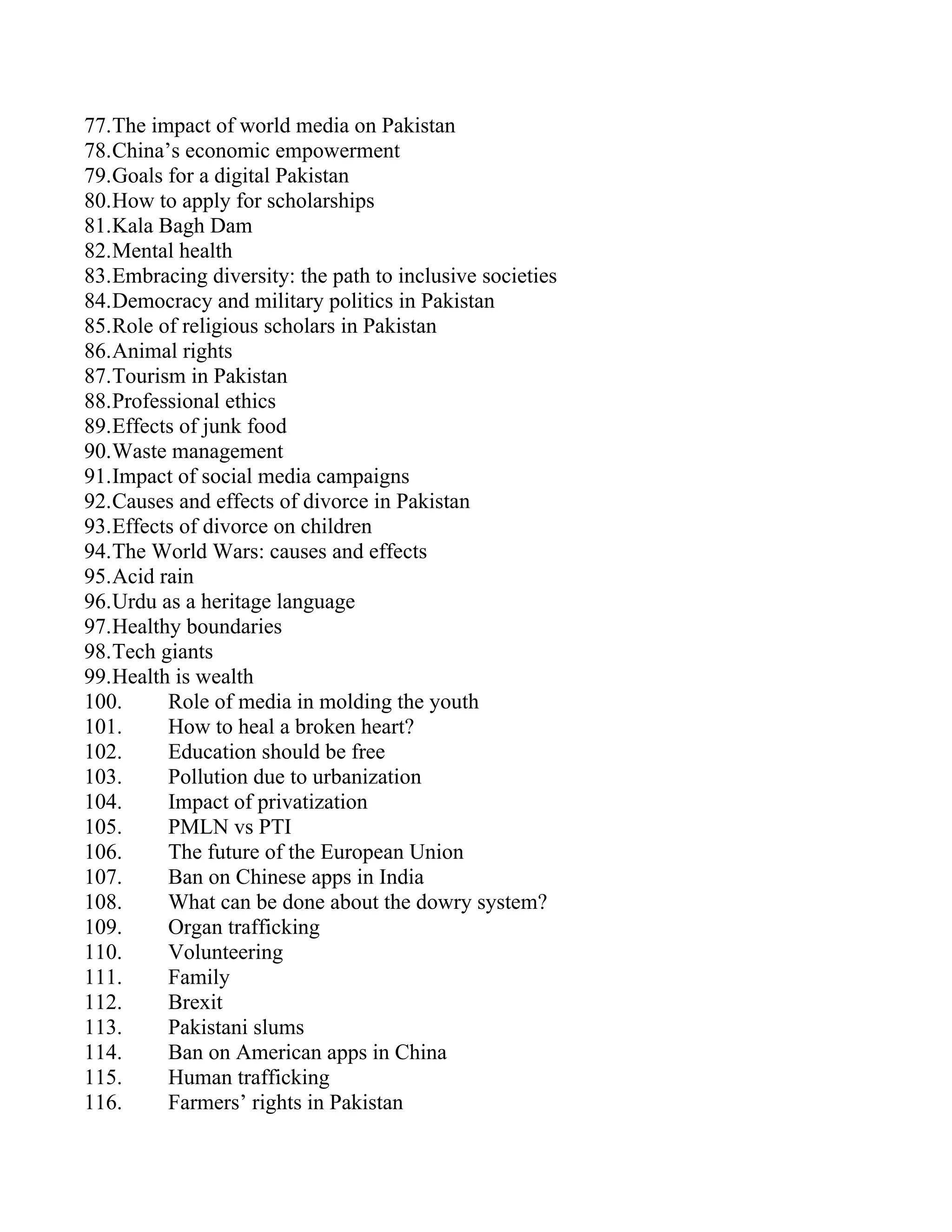77.The impact of world media on Pakistan
78.China’s economic empowerment
79.Goals for a digital Pakistan
80.How to apply for scholarships
81.Kala Bagh Dam
82.Mental health
83.Embracing diversity: the path to inclusive societies
84.Democracy and military politics in Pakistan
85.Role of religious scholars in Pakistan
86.Animal rights
87.Tourism in Pakistan
88.Professional ethics
89.Effects of junk food
90.Waste management
91.Impact of social media campaigns
92.Causes and effects of divorce in Pakistan
93.Effects of divorce on children
94.The World Wars: causes and effects
95.Acid rain
96.Urdu as a heritage language
97.Healthy boundaries
98.Tech giants
99.Health is wealth
100. Role of media in molding the youth
101. How to heal a broken heart?
102. Education should be free
103. Pollution due to urbanization
104. Impact of privatization
105. PMLN vs PTI
106. The future of the European Union
107. Ban on Chinese apps in India
108. What can be done about the dowry system?
109. Organ trafficking
110. Volunteering
111. Family
112. Brexit
113. Pakistani slums
114. Ban on American apps in China
115. Human trafficking
116. Farmers’ rights in Pakistan
 