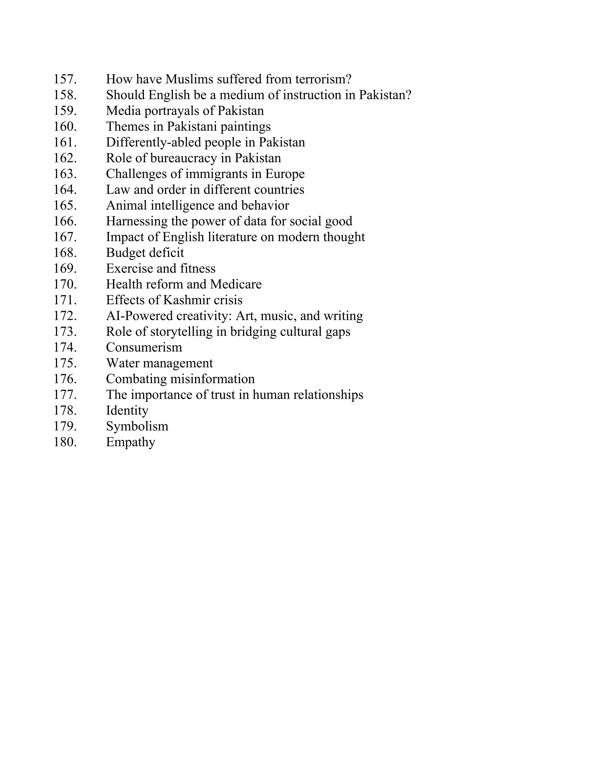 157. How have Muslims suffered from terrorism?
158. Should English be a medium of instruction in Pakistan?
159. Media portrayals of Pakistan
160. Themes in Pakistani paintings
161. Differently-abled people in Pakistan
162. Role of bureaucracy in Pakistan
163. Challenges of immigrants in Europe
164. Law and order in different countries
165. Animal intelligence and behavior
166. Harnessing the power of data for social good
167. Impact of English literature on modern thought
168. Budget deficit
169. Exercise and fitness
170. Health reform and Medicare
171. Effects of Kashmir crisis
172. AI-Powered creativity: Art, music, and writing
173. Role of storytelling in bridging cultural gaps
174. Consumerism
175. Water management
176. Combating misinformation
177. The importance of trust in human relationships
178. Identity
179. Symbolism
180. Empathy
 