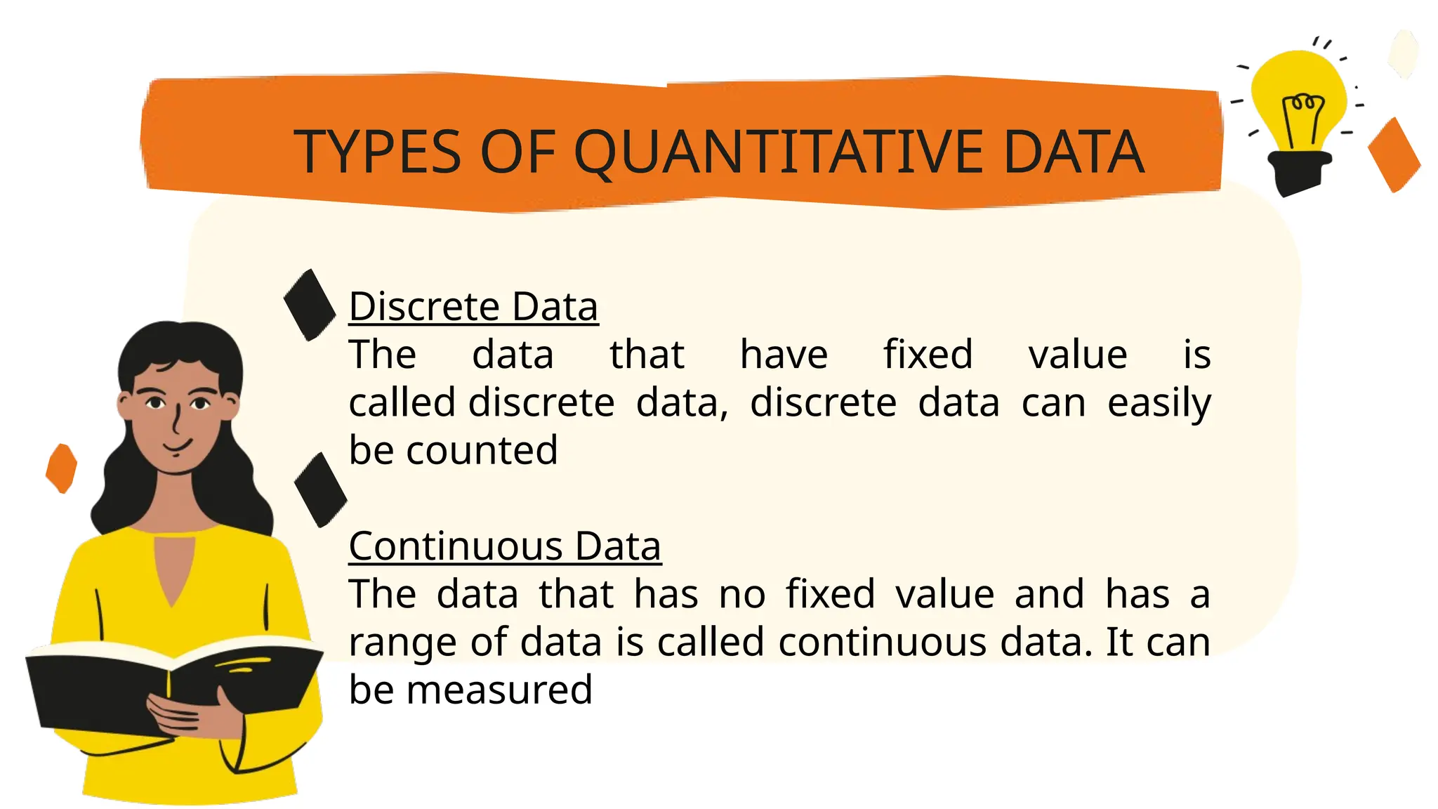 TYPES OF QUANTITATIVE DATA
Discrete Data
The data that have fixed value is
called discrete data, discrete data can easily
be counted
Continuous Data
The data that has no fixed value and has a
range of data is called continuous data. It can
be measured
 