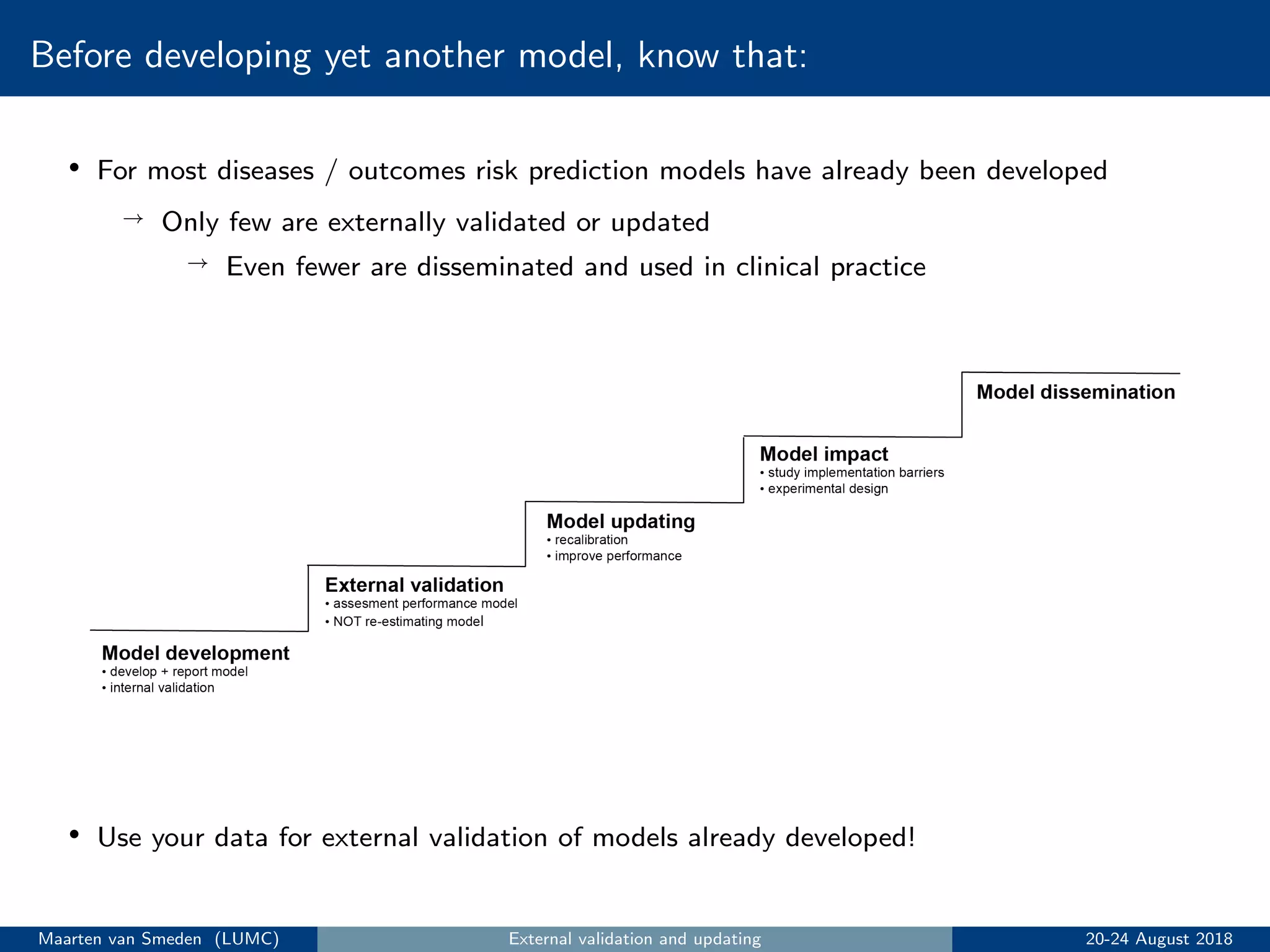 Before developing yet another model, know that:
• For most diseases / outcomes risk prediction models have already been developed
→ Only few are externally validated or updated
→ Even fewer are disseminated and used in clinical practice
• Use your data for external validation of models already developed!
Maarten van Smeden (LUMC) External validation and updating 20-24 August 2018
 