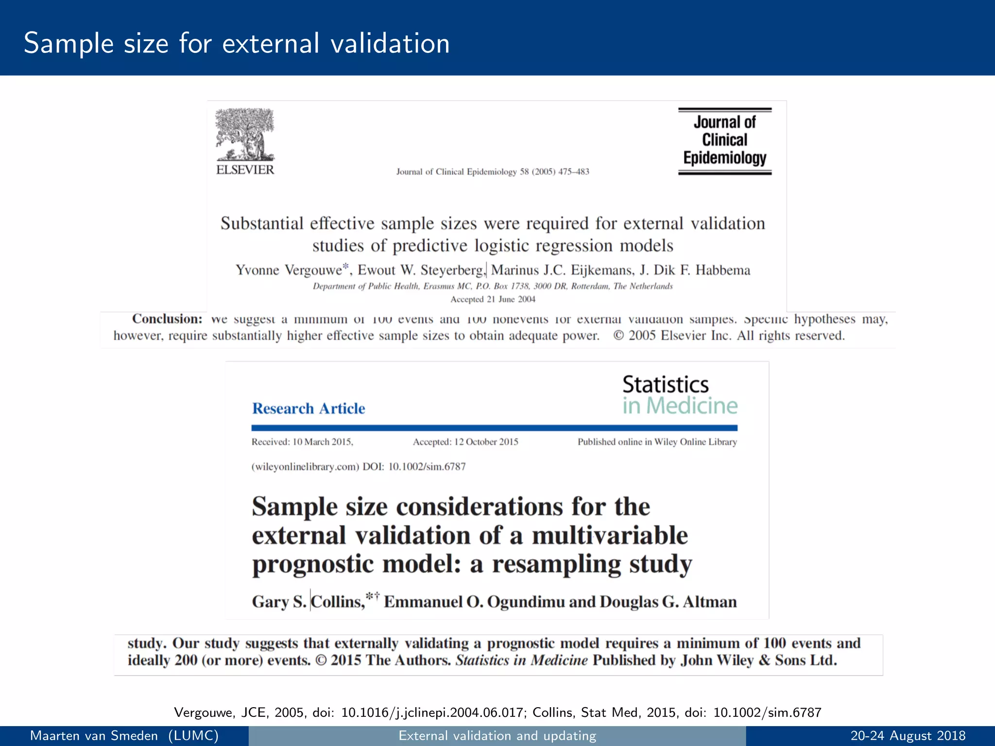 Sample size for external validation
Vergouwe, JCE, 2005, doi: 10.1016/j.jclinepi.2004.06.017; Collins, Stat Med, 2015, doi: 10.1002/sim.6787
Maarten van Smeden (LUMC) External validation and updating 20-24 August 2018
 