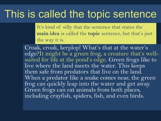 This is called the topic sentence
        It’s kind of silly that the sentence that states the
        main idea is called the topic sentence, but that’s just
        the way it is.
    Croak, croak, kerplop! What’s that at the water’s
    edge?It might be a green frog, a creature that’s well-
    suited for life at the pond’s edge. Green frogs like to
    live where the land meets the water. This keeps
    them safe from predators that live on the land.
    When a predator like a snake comes near, the green
    frog can quickly leap into the water and get away.
    Green frogs can eat animals from both places,
    including crayfish, spiders, fish, and even birds.
 
