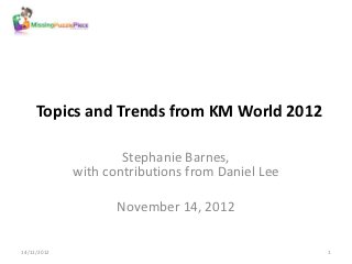 Topics and Trends from KM World 2012

                     Stephanie Barnes,
             with contributions from Daniel Lee

                    November 14, 2012

14/11/2012                                        1
 