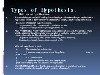 Types of Hypothesis. Main types of hypothesis are. 1. Research hypothesis/ Working hypothesis /exploratory hypothesis-  is that hypothesis which is derived form the researcher theory about social phenomena. Examples of research hypotheses are. Drugs adversely effect the personality, family and society. Drugs addicted people have negative approach to life. 2. Null hypothesis.  Null hypothesis are the opposite of research hypothesis. These are the statements which refute or deny what is explicitly indicated in a given research hypothesis. The above hypothesis will be. Drugs have no adversely effect on the personality, family an society. Drugs addicted people have positive approach to life. Why null hypothesis is used. 1. The researcher is detached. 2. It seems easier to prove some thing false  than to prove it true. 3. It is conventional. 4. It performs specific functions in relation to  probability theory and test to research hypothesis. 3. Statistical Hypothesis . It is the suggested solution in statistical terms, or statistical relation deduced from the relations of research.  
