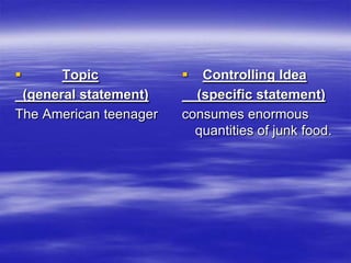       Topic              Controlling Idea
 (general statement)      (specific statement)
The American teenager   consumes enormous
                          quantities of junk food.
 