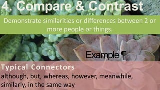 4. Compare & Contrast
Demonstrate similarities or differences between 2 or
more people or things.
Typical Connectors
although, but, whereas, however, meanwhile,
similarly, in the same way
Example¶
 