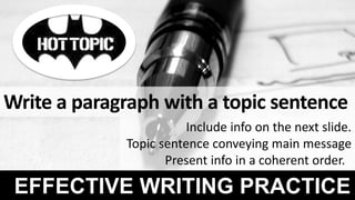 EFFECTIVE WRITING PRACTICE
Write a paragraph with a topic sentence
Include info on the next slide.
Topic sentence conveying main message
Present info in a coherent order.
 