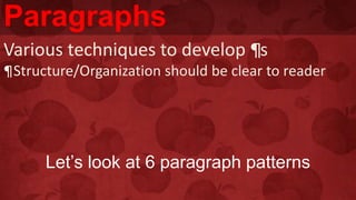 Paragraphs
Various techniques to develop ¶s
¶Structure/Organization should be clear to reader
Let’s look at 6 paragraph patterns
 