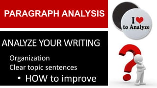 ANALYZE YOUR WRITING
Organization
Clear topic sentences
• HOW to improve
PARAGRAPH ANALYSIS
 