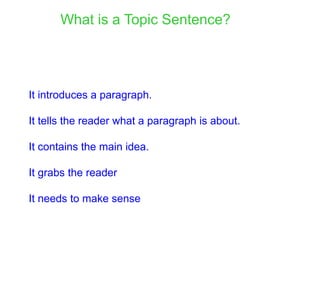 What is a Topic Sentence?
It introduces a paragraph.
It tells the reader what a paragraph is about.
It contains the main idea.
It grabs the reader
It needs to make sense
 