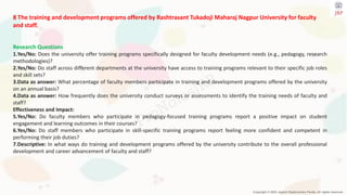 Copyright © 2024 Jayanti Rajdevendra Pande. All rights reserved.
Research Questions
1.Yes/No: Does the university offer training programs specifically designed for faculty development needs (e.g., pedagogy, research
methodologies)?
2.Yes/No: Do staff across different departments at the university have access to training programs relevant to their specific job roles
and skill sets?
3.Data as answer: What percentage of faculty members participate in training and development programs offered by the university
on an annual basis?
4.Data as answer: How frequently does the university conduct surveys or assessments to identify the training needs of faculty and
staff?
Effectiveness and Impact:
5.Yes/No: Do faculty members who participate in pedagogy-focused training programs report a positive impact on student
engagement and learning outcomes in their courses?
6.Yes/No: Do staff members who participate in skill-specific training programs report feeling more confident and competent in
performing their job duties?
7.Descriptive: In what ways do training and development programs offered by the university contribute to the overall professional
development and career advancement of faculty and staff?
8 The training and development programs offered by Rashtrasant Tukadoji Maharaj Nagpur University for faculty
and staff.
 