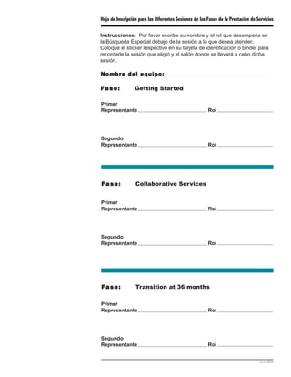 Hoja de Inscripción para las Diferentes Sesiones de las Fases de la Prestación de Servicios

Instrucciones: Por favor escriba su nombre y el rol que desempeña en
la Búsqueda Especial debajo de la sesión a la que desea atender.
Coloque el sticker respectivo en su tarjeta de identificación o binder para
recordarle la sesión que eligió y el salón donde se llevará a cabo dicha
sesión.

Nombre del equipo:

Fase:             Getting Started

Primer
Representante                                           Rol




Segundo
Representante                                           Rol




Fase:             Collaborative Services


Primer
Representante                                           Rol




Segundo
Representante                                           Rol




Fase:             Transition at 36 months

Primer
Representante                                           Rol




Segundo
Representante                                           Rol


                                                                                   Junio 2004
 