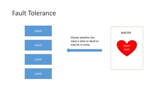 Fault Tolerance
SLAVE
SLAVE
SLAVE
SLAVE Heart
beat
MASTER
Checks whether the
slave is alive or dead or
may be in coma
 