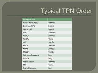2000kcal/20%
Amino Acids 10% 1000ml
Dextrose 70% 342ml
Lipids 20% 300ml
NaCl 250mEq
NaPO4 20mmol
NaOAc 10mL
KCl 10mEq
KPO4 10mmol
KOAc 20mEq
MgSO4 16mEq
Calcium Gluconate 5mg
ZnSO4 5mg
Sterile Water 1000mL
MVI 10ml
Trace Elements 3ml
 