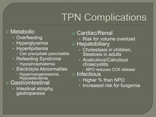  Metabolic
• Overfeeding
• Hyperglycemia
• Hyperlipidemia
 Can precipitate pancreatitis
• Refeeding Syndrome
 Hypophosphatemia
• Electrolyte Abnormalites
 Hypermanganesemia,
Hyposelenemia
 Gastrointestinal
• Intestinal atrophy,
gastroparesis
 Cardiac/Renal
• Risk for volume overload
 Hepatobiliary
• Cholestasis in children,
Steatosis in adults
• Acalculous/Calculous
cholecystitis
 NPO reduces CCK release
 Infectious
• Higher % than NPO
• Increased risk for fungemia
 